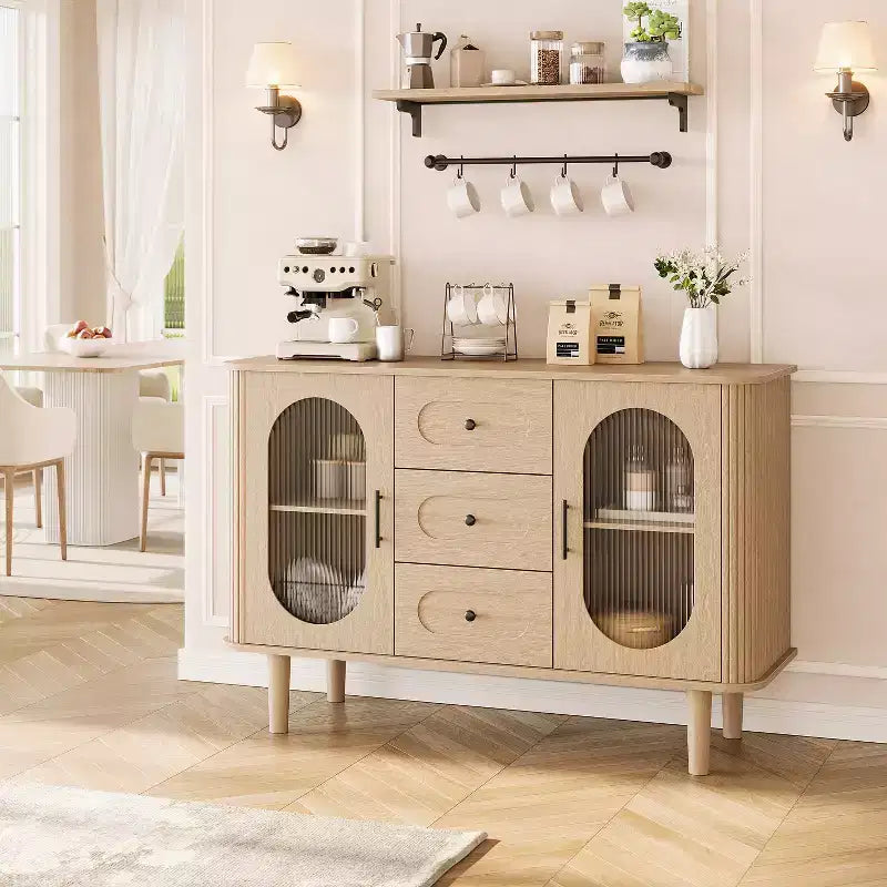 CuisinSmart Sideboard Buffet Cabinet with 2 Fluted Glass Doors&3 Drawers Farmhouse Accent Coffee Bar with Adjustable Shelves for Kitchen Living Room