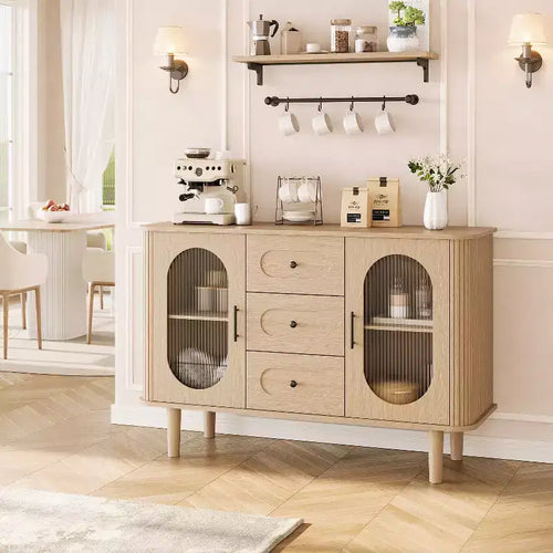 CuisinSmart Sideboard Buffet Cabinet with 2 Fluted Glass Doors&3 Drawers Farmhouse Accent Coffee Bar with Adjustable Shelves for Kitchen Living Room