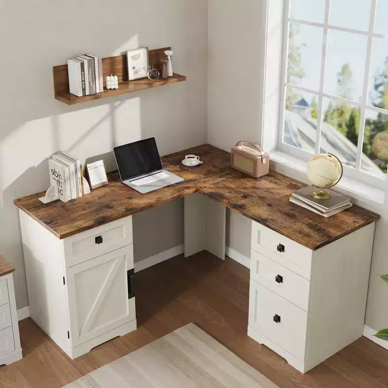 60-inch Executive L-Shaped Desk with File Drawers Adjustable Storage Cabinet and Corner Computer Workstation for Home Office