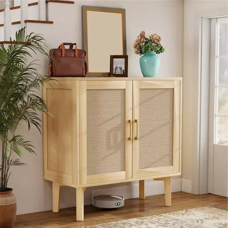 KOLIGEY Buffet Cabinet with Rattan Decor Doors Solid Wood Feet Multifunctional Sideboard Cabinet for Dining Room Kitchen Wood Color