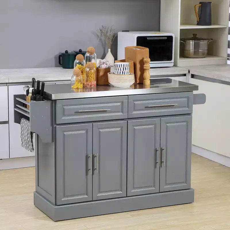 GDFStudio Berea Stainless Steel and Wood Rolling Kitchen Island Cart with Storage Cabinets