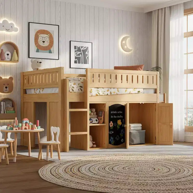Polibi Full Size Loft Bed with Built-In Storage Chalkboard Panel & Underbed Play Space