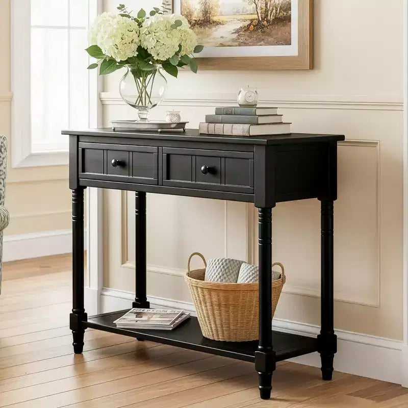 35.4 Traditional Console Table with Drawers and Shelf Vintage Pine Entryway Table Compact Sofa Table for Living Room or Hallway-Panipeachy