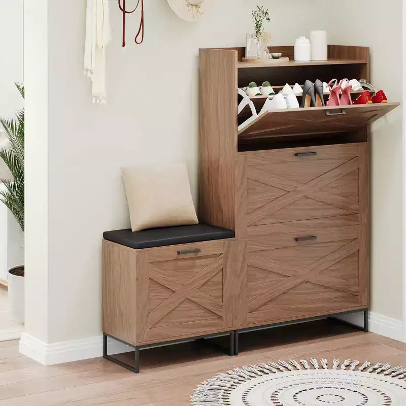 Hidden Shoe Storage with 4 Flip Drawers Wooden Shoe Organizer Cabinet with Farmhouse Doors Brown