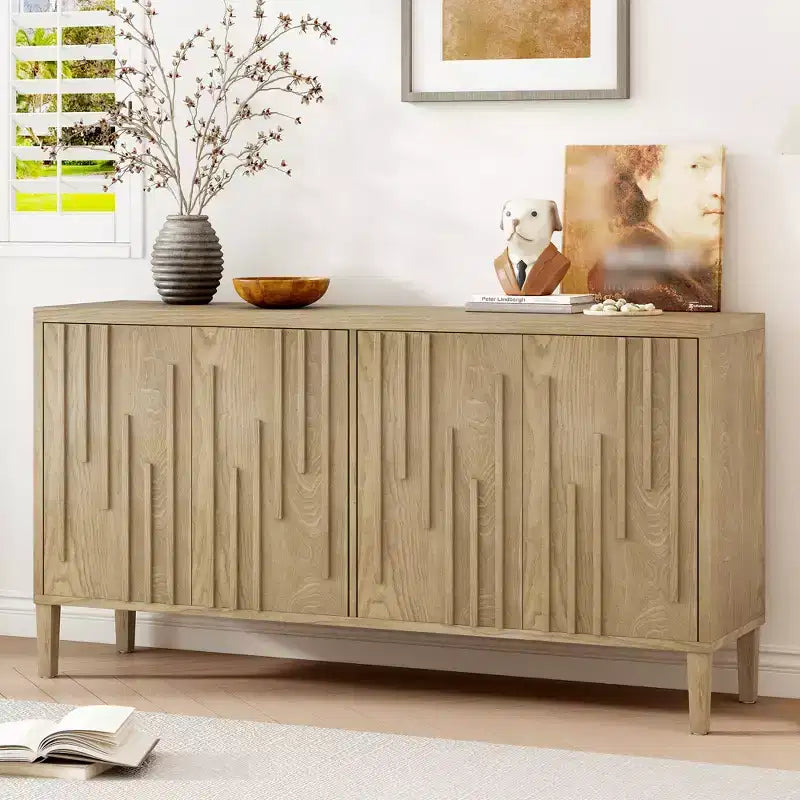 60 4-Door Sideboard Hidden Handle Distinctive Solid Ash Veneer Buffet with Storage Farmhouse Sideboard TV Stand Natural