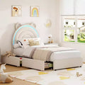 Twin Upholstered Bed Frame with 2 Storage Drawers & LED Rainbow Headboard Platform Bed for Kids Solid Wood Slats Support No Box Spring Needed