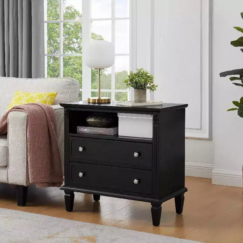 End Table with 2 Drawers and Open Shelves Vintage Side Table Bedside Tables with USB Ports and Outlets Wood Legs Support Nightstand