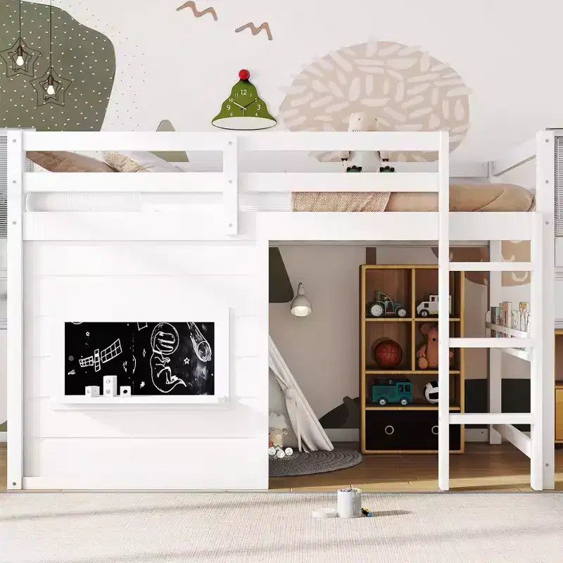 TUYOHW Kids Loft House Bed with Chalkboard Twin/Full Wood Bed Frame with Play Space & Built-in Bookshelf Pine Wood Cabin-Style Bunk for Boys Girls