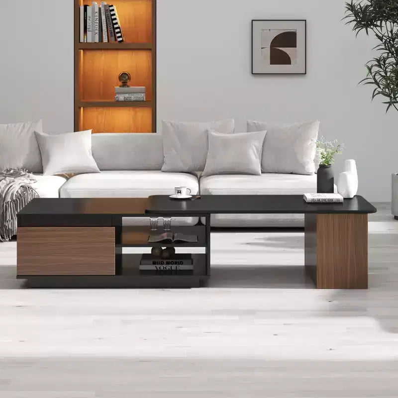 TUYOHW Extandable Coffee Table with 2 Drawers & Shelves Luxurious Walnut Brown/Black Finish Accent Table for Living Room Home Decor