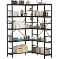 5 Tier Corner Bookcase Industrial L-Shaped Wooden Bookcase Large Storage Display Shelf with Metal Frame Home Office Living Room Kitchen