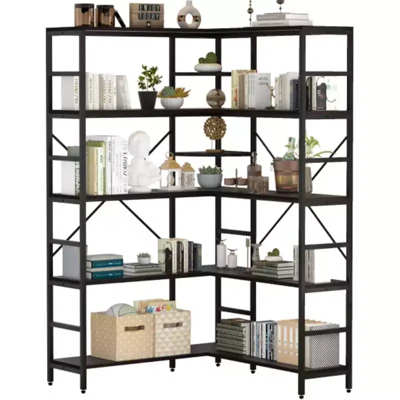 5 Tier Corner Bookcase Industrial L-Shaped Wooden Bookcase Large Storage Display Shelf with Metal Frame Home Office Living Room Kitchen