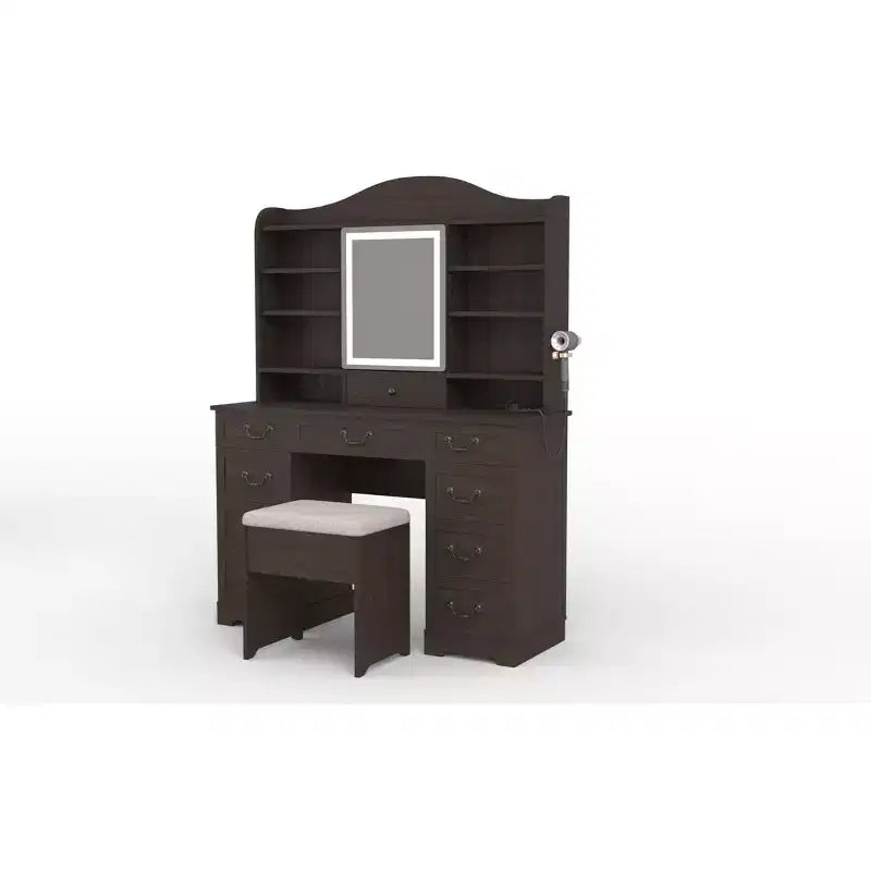 10-Drawer Vanity Desk with Mirror Walnut Finish with 10 Shelves and Stool for Bedroom Easy Assembly