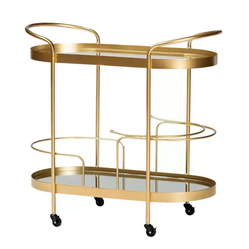 Chariot de bar mobile à double couche en métal brossé et verre miroir
