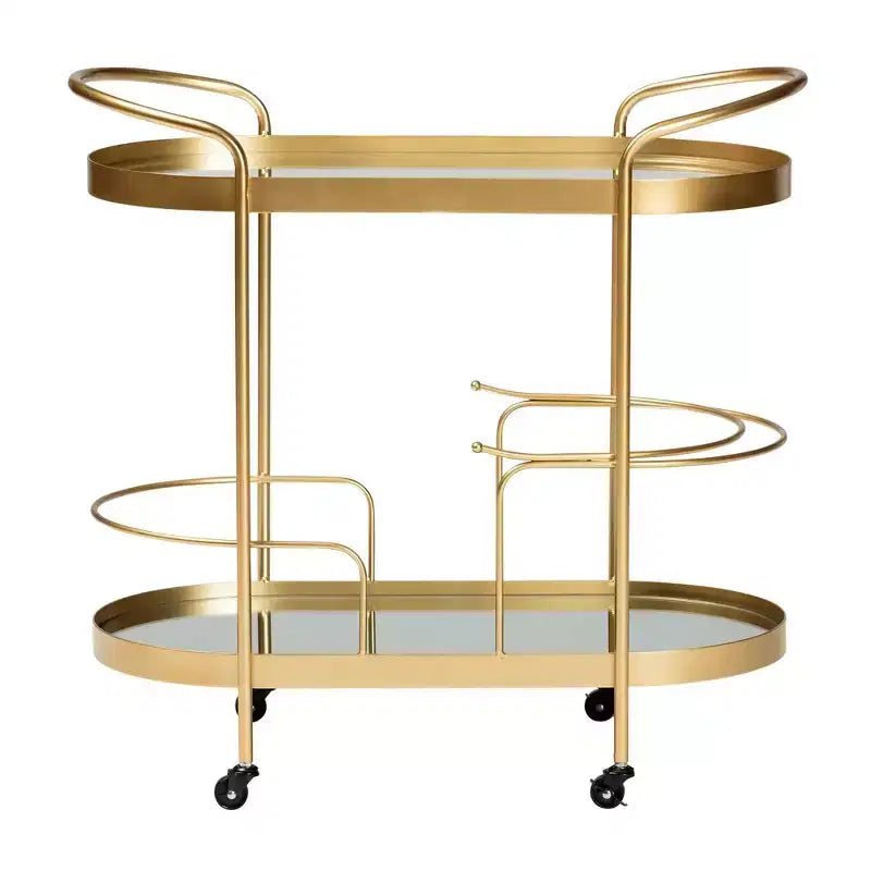 Chariot de bar mobile à double couche en métal brossé et verre miroir