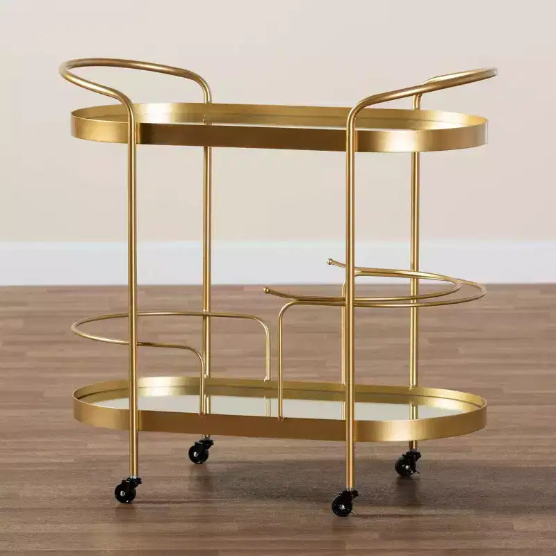 Chariot de bar mobile à double couche en métal brossé et verre miroir