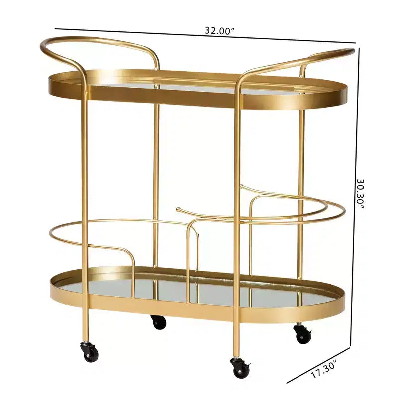 Chariot de bar mobile à double couche en métal brossé et verre miroir