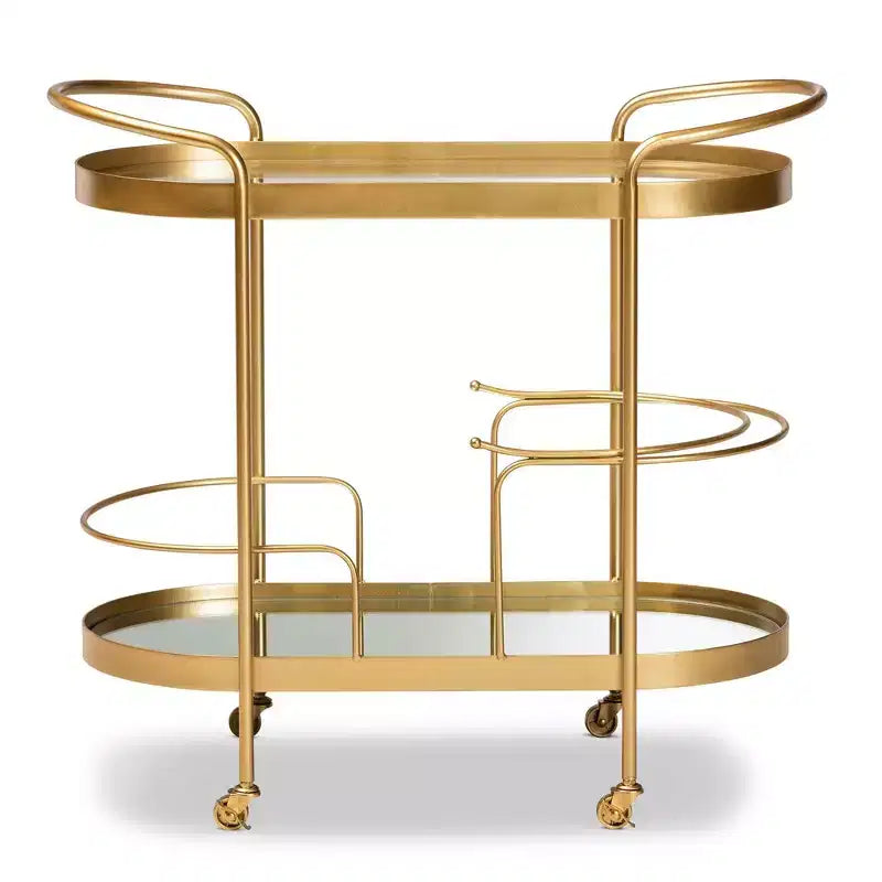 Chariot de bar mobile à double couche en métal brossé et verre miroir
