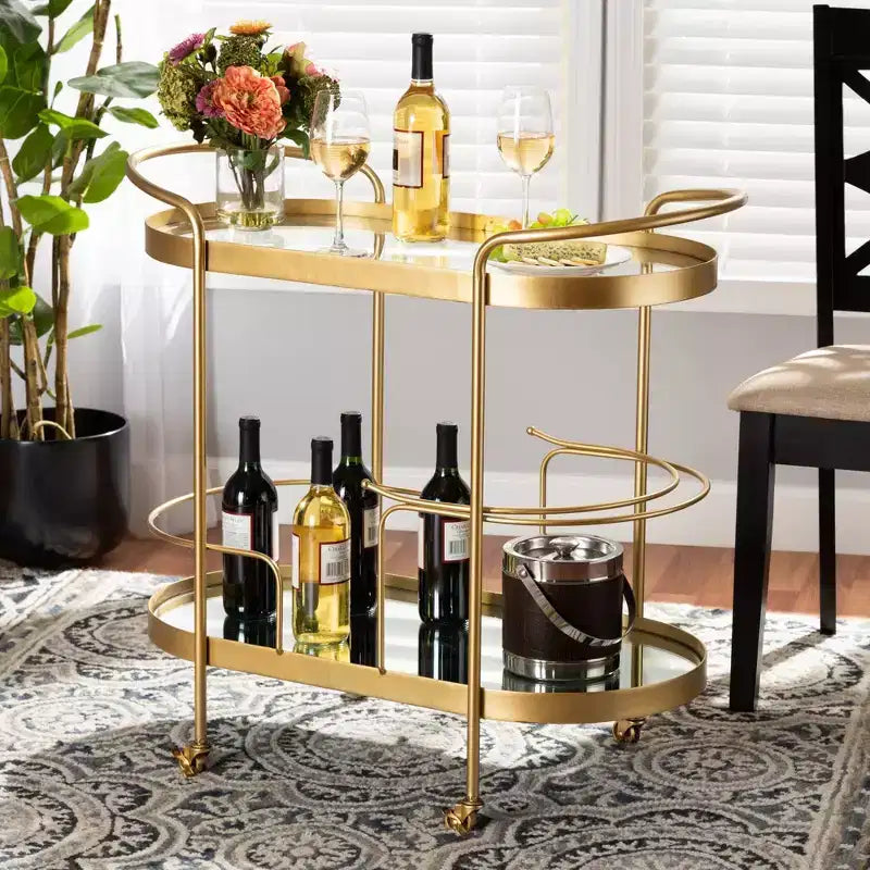 Chariot de bar mobile à double couche en métal brossé et verre miroir