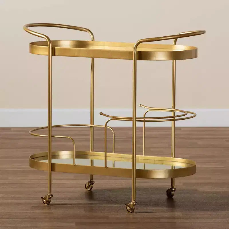 Chariot de bar mobile à double couche en métal brossé et verre miroir