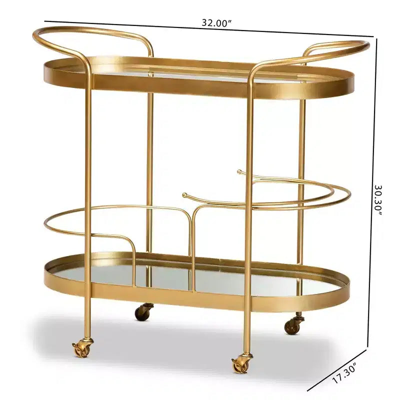 Chariot de bar mobile à double couche en métal brossé et verre miroir